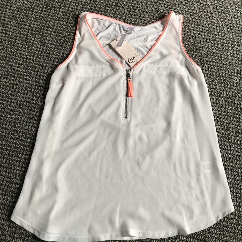 Candies Zip Front Mix Media Shell White Tank Top Coral Trim JZ01W001RS1 Womens S